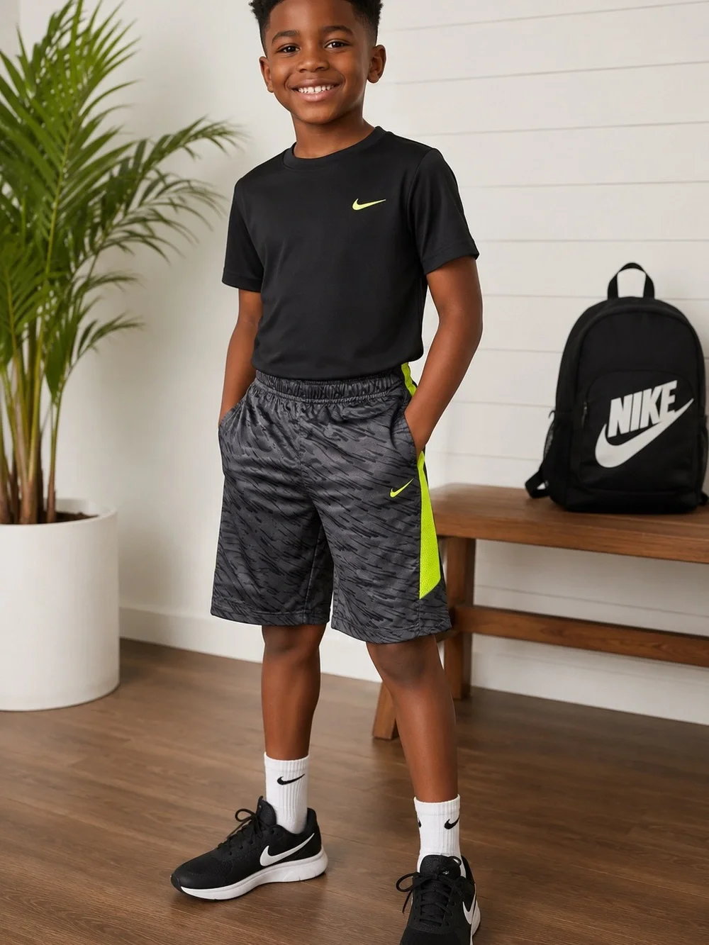 Nike Dri-FIT Boys Athletic Shorts - Gray & Volt Performance Shorts - Size 7